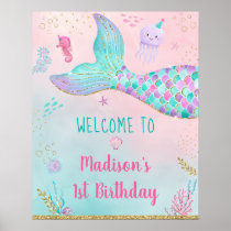 Mermaid Pink Gold Under The Sea Birthday Welcome Poster