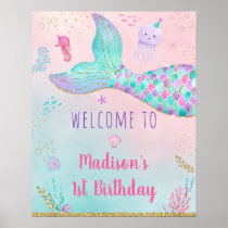 Mermaid Pink Gold Under The Sea Birthday Welcome Poster