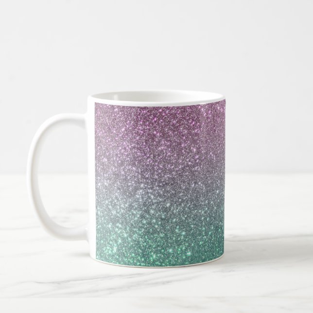 Mermaid Pink Green Sparkly Glitter Ombre Coffee Mug (Left)