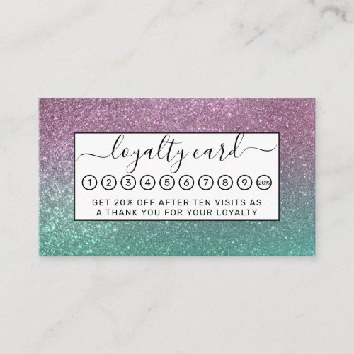 Mermaid Pink Green Sparkly Glitter Ombre Loyalty Card
