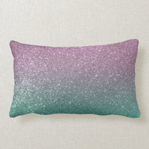 Mermaid Pink Green Sparkly Glitter Ombre Lumbar Pillow