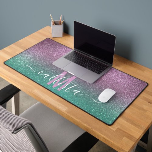 Mermaid Pink Green Sparkly Glitter Ombre Monogram Desk Mat