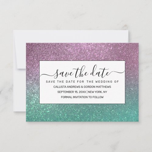 Mermaid Pink Green Sparkly Glitter Ombre Save The Date