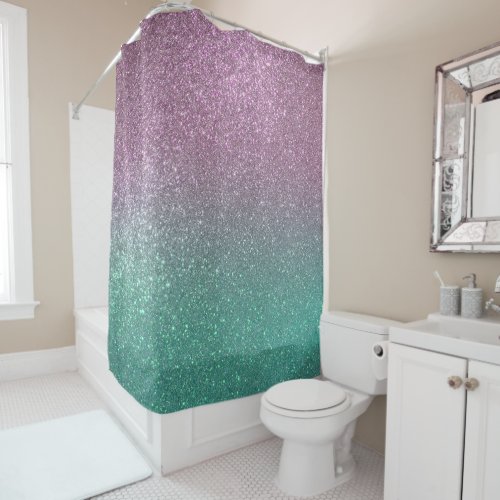Mermaid Pink Green Sparkly Glitter Ombre Shower Curtain