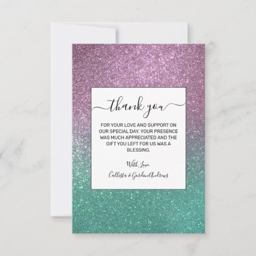 Mermaid Pink Green Sparkly Glitter Ombre Thank You Card
