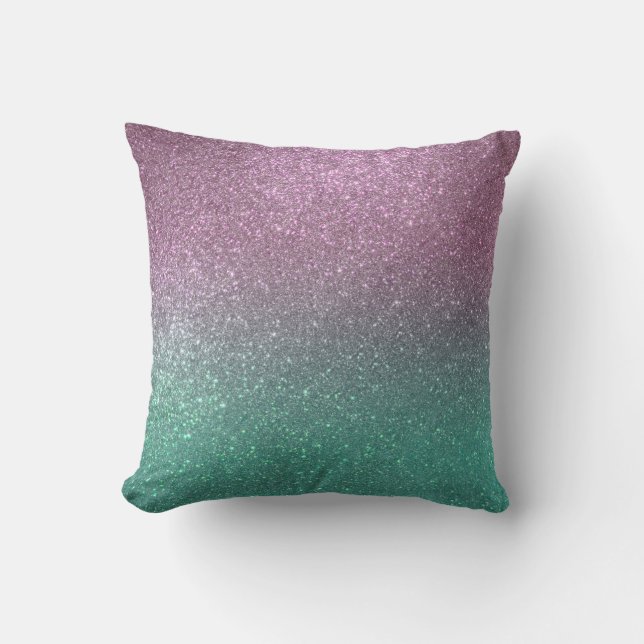 Mermaid Pink Green Sparkly Glitter Ombre Throw Pillow (Front)