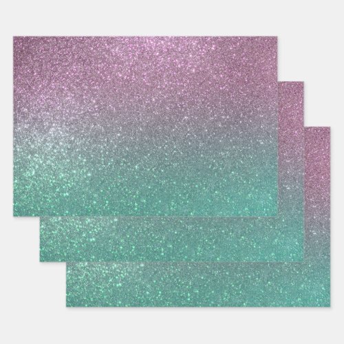 Mermaid Pink Green Sparkly Glitter Ombre Wrapping Paper Sheets