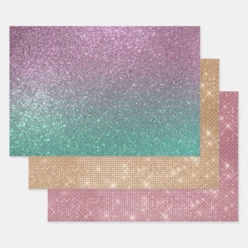 Mermaid Pink Green Sparkly Glitter Ombre Wrapping Paper Sheets