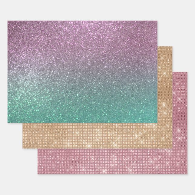 Mermaid Pink Green Sparkly Glitter Ombre Wrapping Paper Sheets (Set)