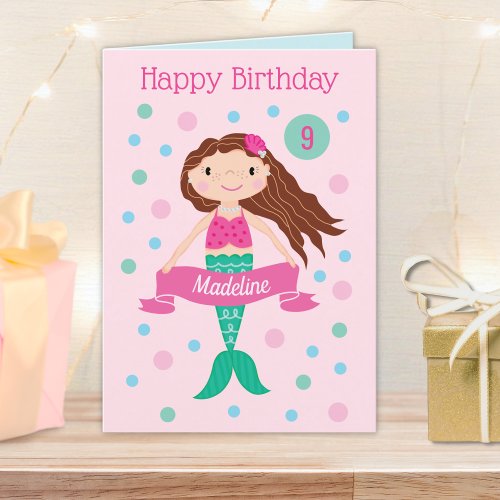 Mermaid Pink Personalized Age  Name Birthday Card