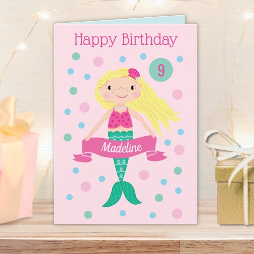 Mermaid Pink Personalized Age  Name Cute Birthday Card