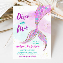 Mermaid Pink Purple 5th Birthday Invitation