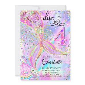 Mermaid Pink Purple Birthday Dive into Four  Invitation