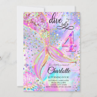 Mermaid Pink Purple Birthday Dive into Four Invitation