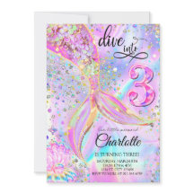 Mermaid Pink Purple Birthday Dive into Three