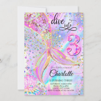 Mermaid Pink Purple Birthday Dive into Three Invitation