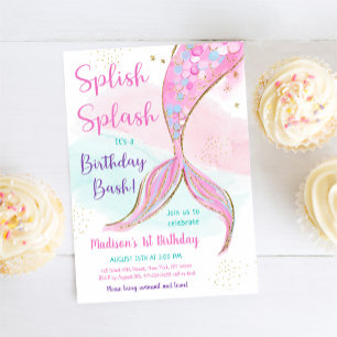 Mermaid Pink Purple Birthday Invitation