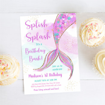 Mermaid Pink Purple Birthday Invitation by LittlePrintsParties at Zazzle