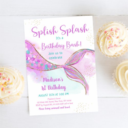 Mermaid Pink Purple Birthday Invitation