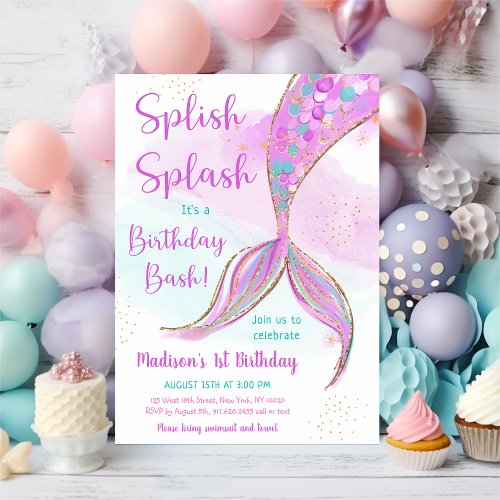 Mermaid Pink Purple Birthday Invitation
