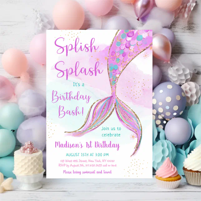 Mermaid Pink Purple Birthday Invitation | Zazzle