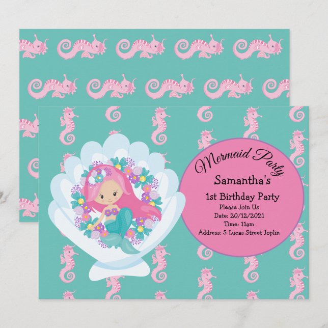 Mermaid Pink Purple Birthday Party Invitation (Front/Back)