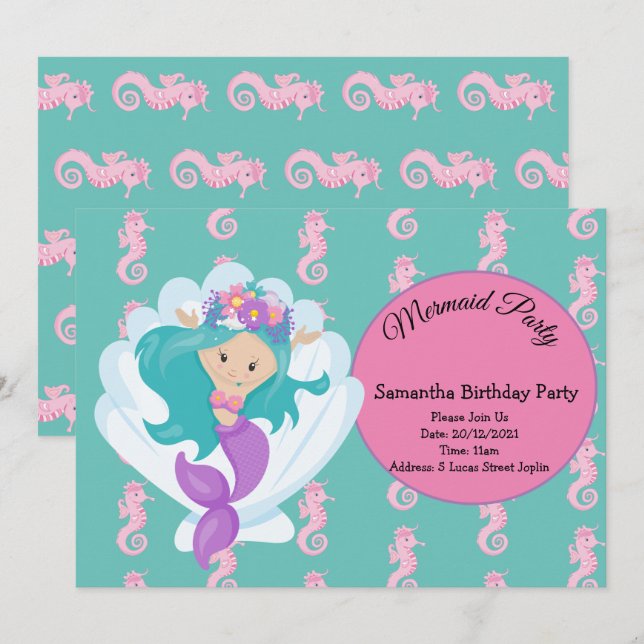 Mermaid Pink Purple Birthday Party Invitation (Front/Back)