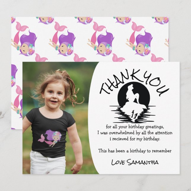 Mermaid Pink Purple Birthday Party Thank You  Invitation (Front/Back)
