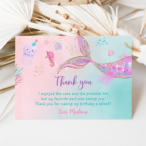 Mermaid Pink Purple Birthday Thank You Card