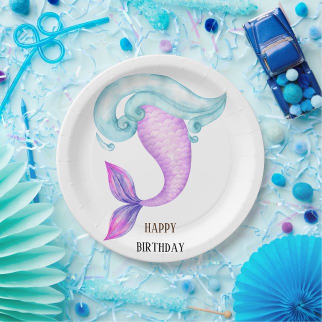 Mermaid pink purple blue birthday party  paper plates (Party)