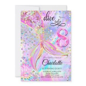 Mermaid Pink Purple Dive into Eight Birthday  Invitation