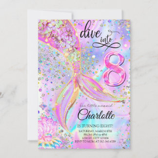 Mermaid Pink Purple Dive into Eight Birthday Invitation