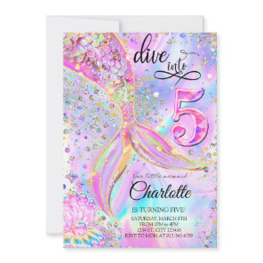 Mermaid Pink Purple Dive into Five 5th Birthday Invitation