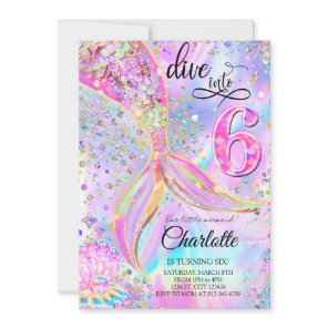 Mermaid Pink Purple Dive into Six 6th Birthday  Invitation