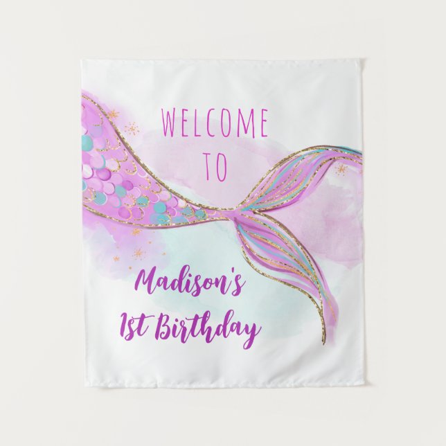 Mermaid Pink Purple Gold Birthday Backdrop (Front)