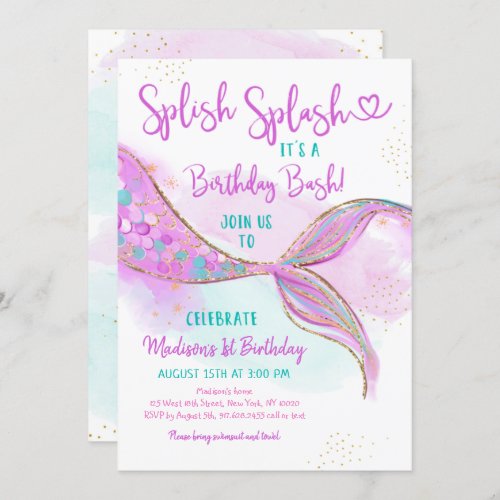 Mermaid Pink Purple Gold Watercolor Birthday Invitation