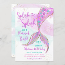 Mermaid Pink Purple Gold Watercolor Birthday Invitation