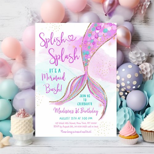 Mermaid Pink Purple Gold Watercolor Birthday Invitation