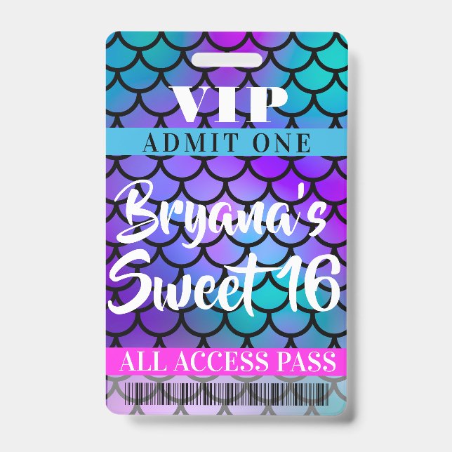 Mermaid Pink Purple Teal Party Sweet 16 VIP Pass Badge (Front)