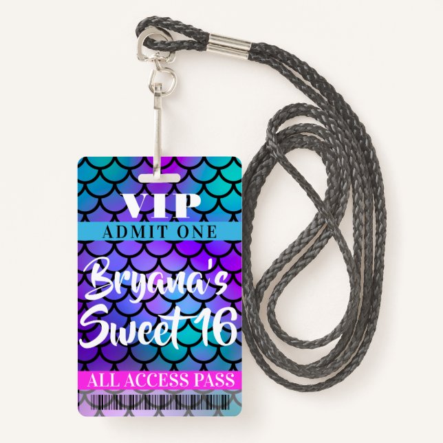 Mermaid Pink Purple Teal Party Sweet 16 VIP Pass Badge (Front with Lanyard)