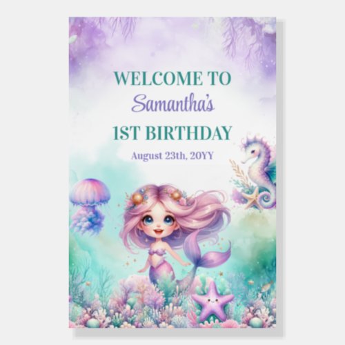 Mermaid pink purple turquoise 1st Birthday Welcome Foam Board