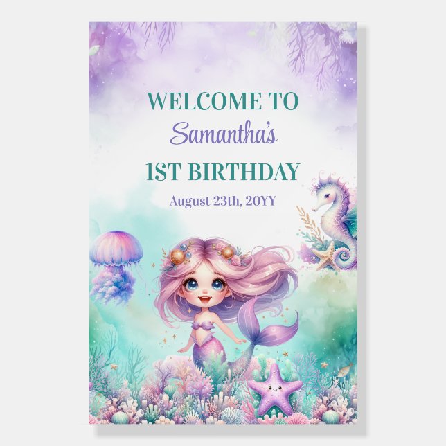 Mermaid pink purple turquoise 1st Birthday Welcome Foam Board (Front)