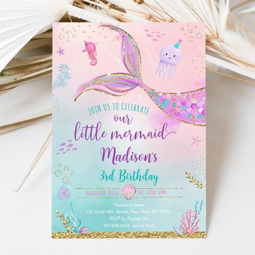 Mermaid Pink Purple Under The Sea Birthday Invitation