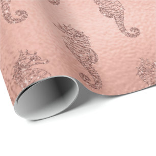 Mermaid Pink Rose Gold Pink Princess Seahorse Wrapping Paper