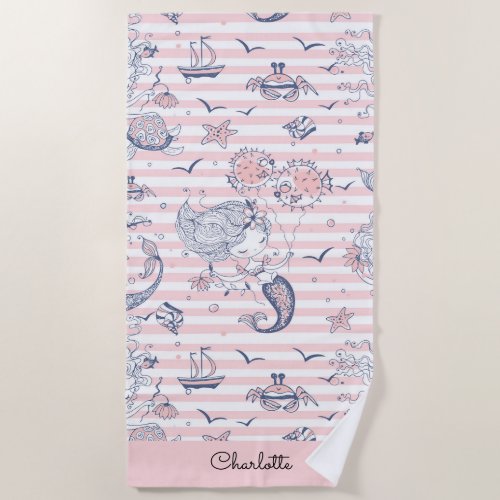 Mermaid Pink Stripe Beach Towel