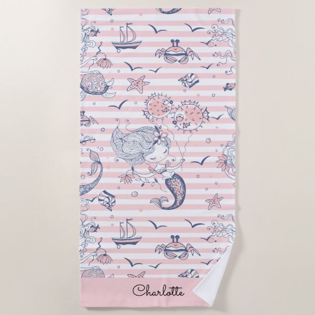 Mermaid Pink Stripe Beach Towel (Front)