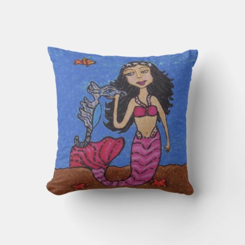 Mermaid Pink Tail With Silver Blue Seahorse Ocean Outdoor Pillow