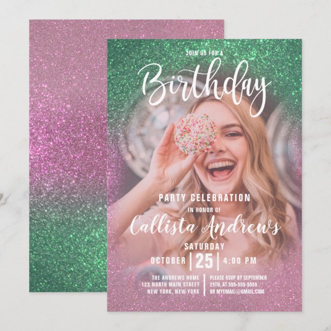 Mermaid Pink Triple Glitter Ombre Photo Birthday Invitation (Front/Back)