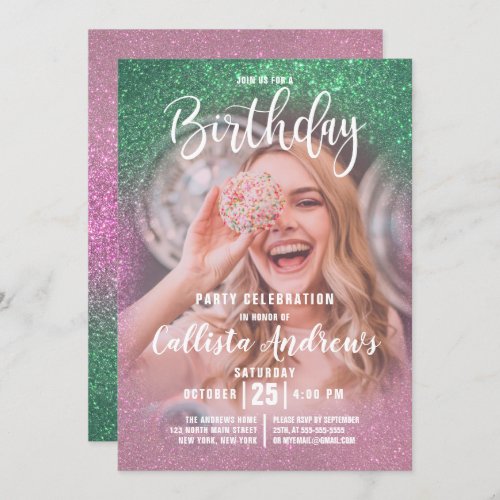 Mermaid Pink Triple Glitter Ombre Photo Birthday Invitation