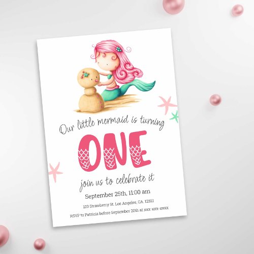 Mermaid Pink Turquoise 1st Birthday Party  Invitation